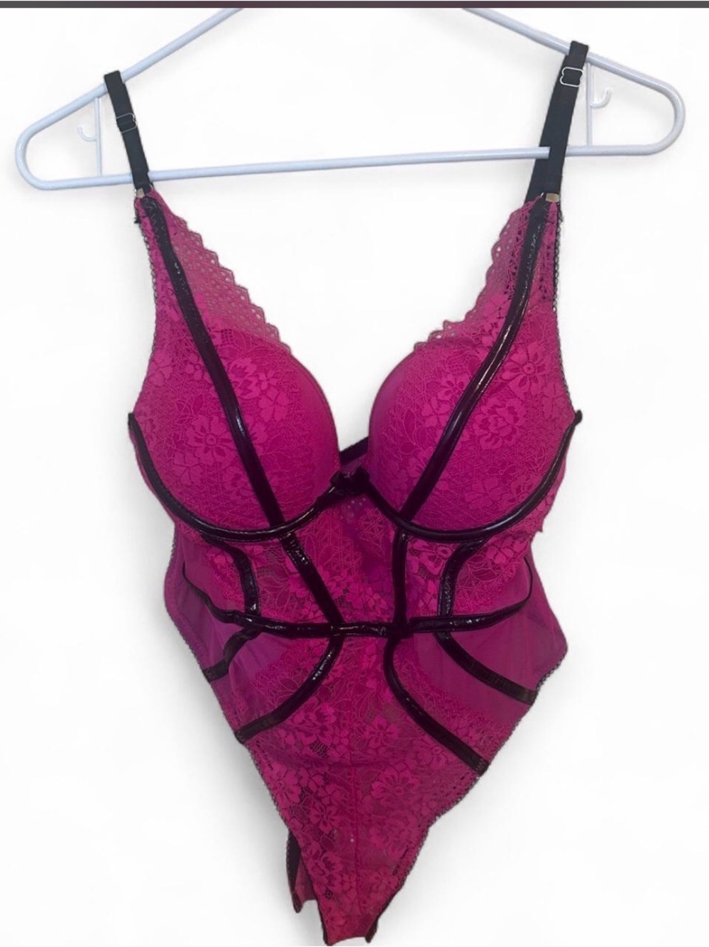 Magenta Lace Bodysuit Lingerie with Contrast Trim